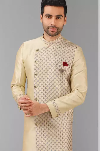 cream plain & priinted art silk sherwani for men