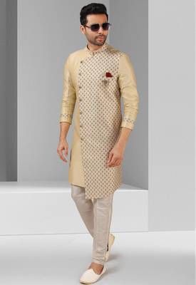 cream plain & priinted art silk sherwani for men 3