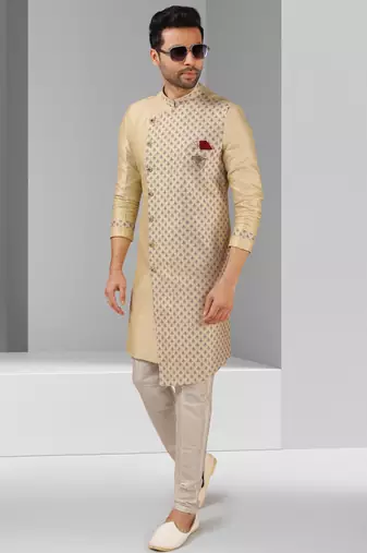 cream plain & priinted art silk sherwani for men
