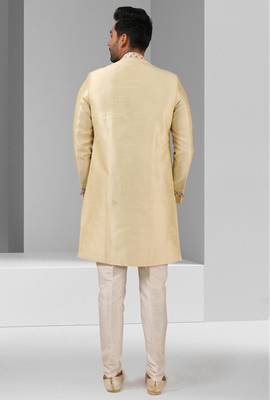 cream plain & priinted art silk sherwani for men 4