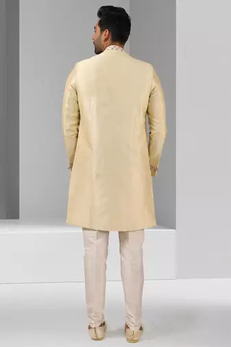cream plain & priinted art silk sherwani for men