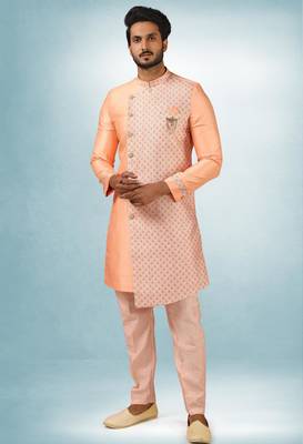 peach plain & priinted art silk sherwani for men 1