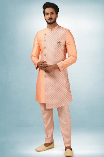 Peach plain & priinted art silk indo western for men