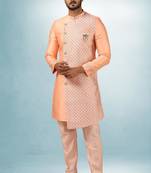 Peach plain & priinted art silk indo western for men