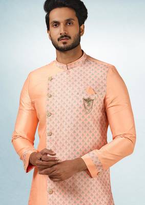 peach plain & priinted art silk sherwani for men 2