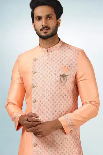 peach plain & priinted art silk sherwani for men