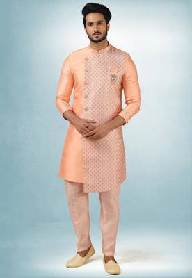 peach plain & priinted art silk sherwani for men 3