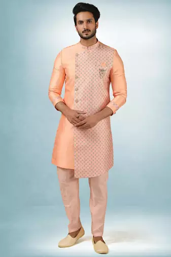 peach plain & priinted art silk sherwani for men