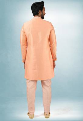 peach plain & priinted art silk sherwani for men 4