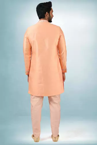 peach plain & priinted art silk sherwani for men