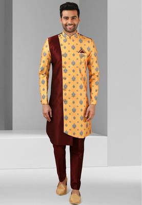 maroon - yellow plain & priinted art silk sherwani for men 1