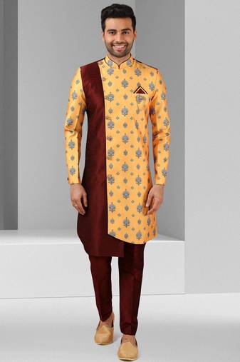 Maroon - yellow plain & priinted art silk indo western for men