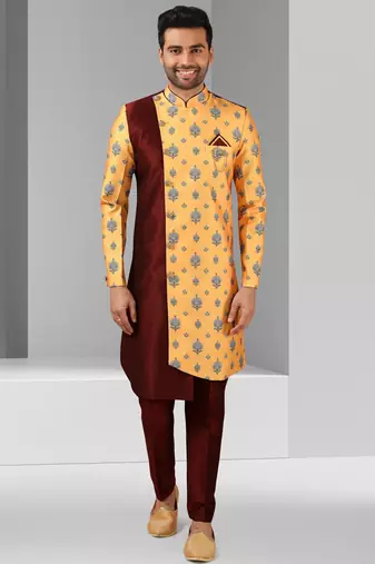 Maroon - yellow plain & priinted art silk indo western for men