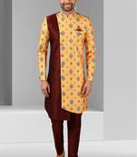 Maroon - yellow plain & priinted art silk indo western for men