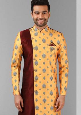 maroon - yellow plain & priinted art silk sherwani for men 2