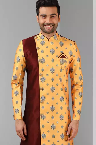 maroon - yellow plain & priinted art silk sherwani for men