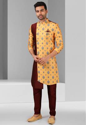 maroon - yellow plain & priinted art silk sherwani for men 3
