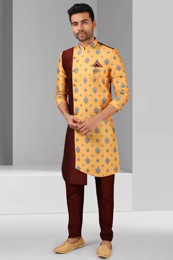 maroon - yellow plain & priinted art silk sherwani for men
