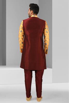 maroon - yellow plain & priinted art silk sherwani for men 4