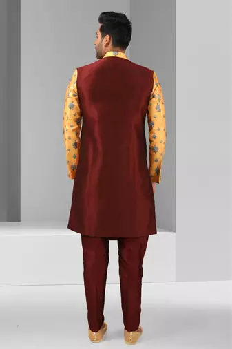 maroon - yellow plain & priinted art silk sherwani for men
