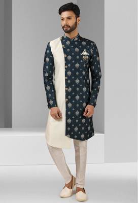 cream-blue plain & priinted art silk sherwani for men 1