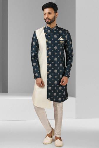 cream-blue plain & priinted art silk sherwani for men