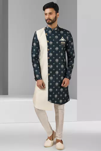 Cream-blue plain & priinted art silk indo western for men