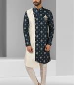 Cream-blue plain & priinted art silk indo western for men