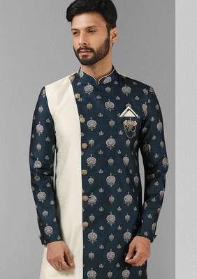 cream-blue plain & priinted art silk sherwani for men 2