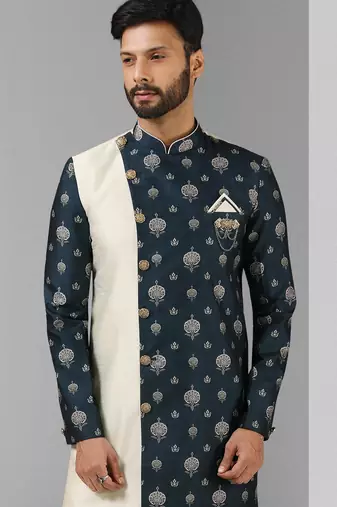 cream-blue plain & priinted art silk sherwani for men