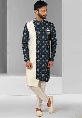 cream-blue plain & priinted art silk sherwani for men 3