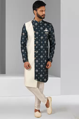 cream-blue plain & priinted art silk sherwani for men