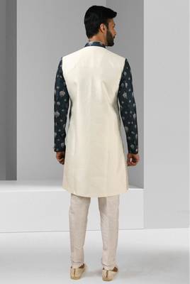 cream-blue plain & priinted art silk sherwani for men 4