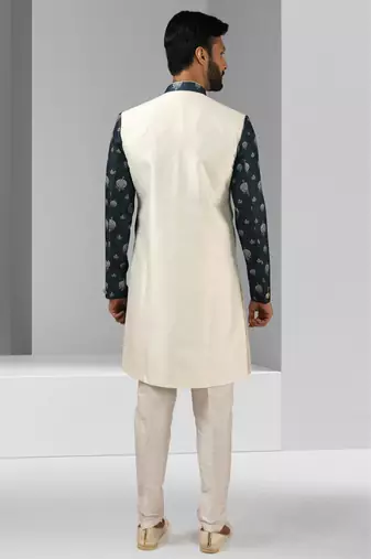 cream-blue plain & priinted art silk sherwani for men