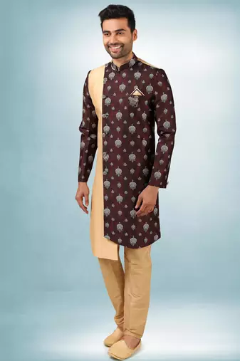 Beige-brown plain & priinted art silk indo western for men