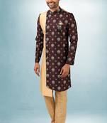 Beige-brown plain & priinted art silk indo western for men