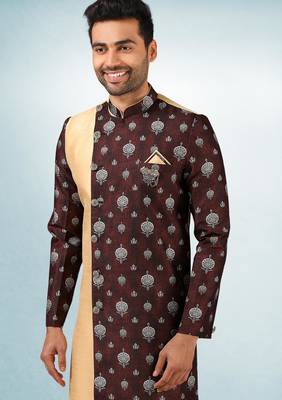 beige-brown plain & priinted art silk sherwani for men 2