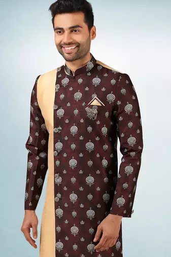 beige-brown plain & priinted art silk sherwani for men