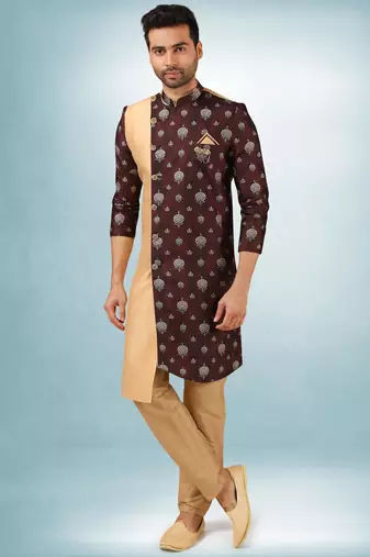 beige-brown plain & priinted art silk sherwani for men