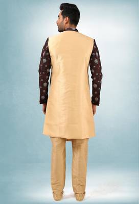 beige-brown plain & priinted art silk sherwani for men 4