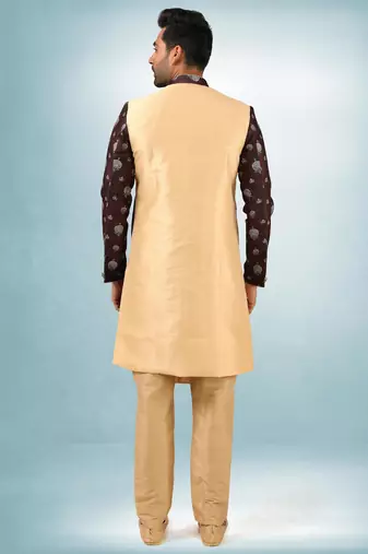 beige-brown plain & priinted art silk sherwani for men
