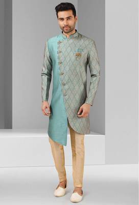 blue plain & priinted art silk sherwani for men 1