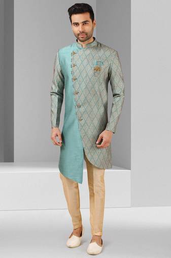Blue plain & priinted art silk indo western for men