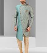 Blue plain & priinted art silk indo western for men