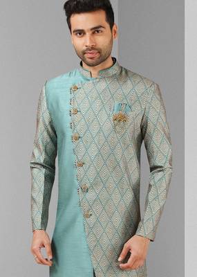 blue plain & priinted art silk sherwani for men 2