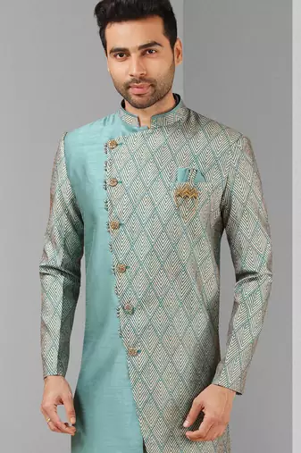 blue plain & priinted art silk sherwani for men