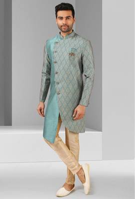 blue plain & priinted art silk sherwani for men 3