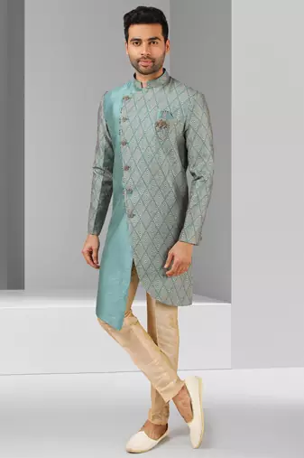 blue plain & priinted art silk sherwani for men