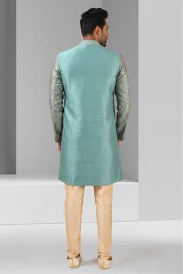 blue plain & priinted art silk sherwani for men 4