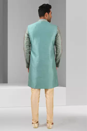 blue plain & priinted art silk sherwani for men